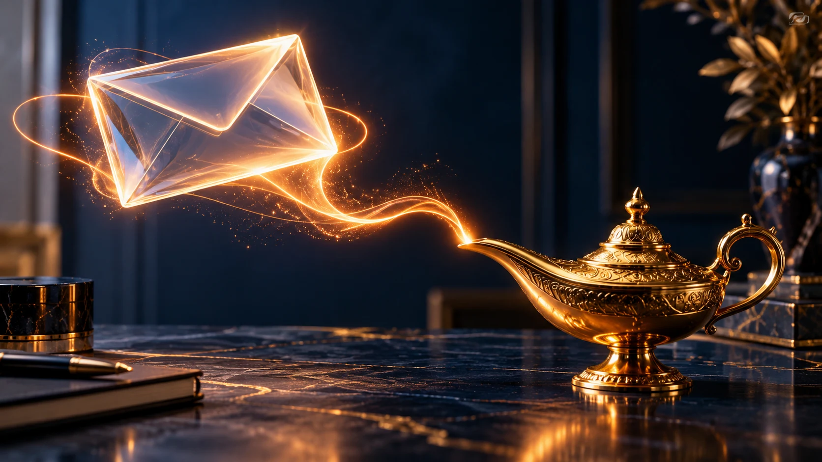 مصباح ذهبي يرسل شريطاً من الضوء نحو ظرف زجاجي مضيء