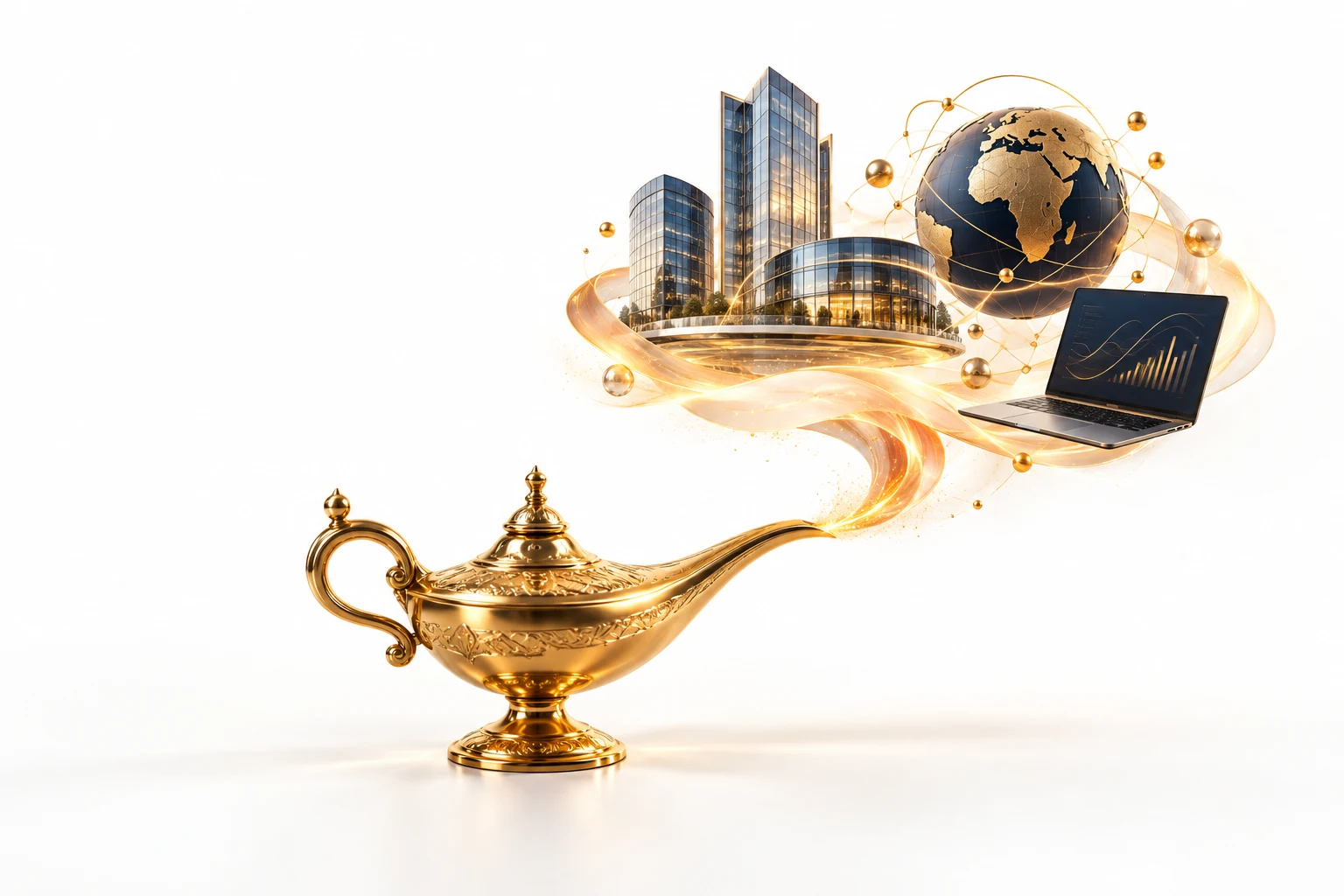 مصباح ذهبي يتحوّل ضوؤه إلى مبانٍ وأدوات أعمال رقمية
